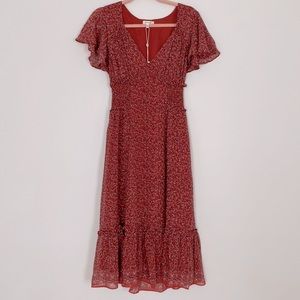 $128 Max Studio Boho Terracotta Red Orange Blue Floral MIDI Dress Flutter Sleeve